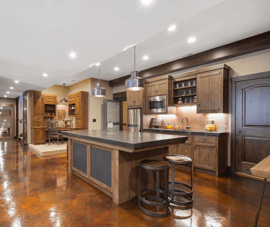 Example of a "man cave" basement remodel project with full bar and masculine design details