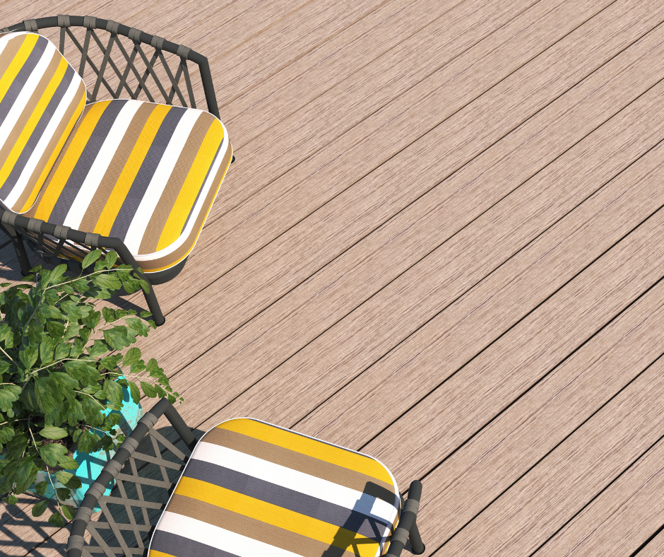 Example of a PVC deck with two deck chairs and a potted plant